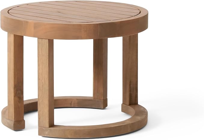Round Acacia Wood Outdoor Side Table, Small Patio Accent End Table Circular Slat Top Support Frame Side Table for Backyard Garden Pool Balcony Porch Deck Natural Wooden Outdoor Coffee Table