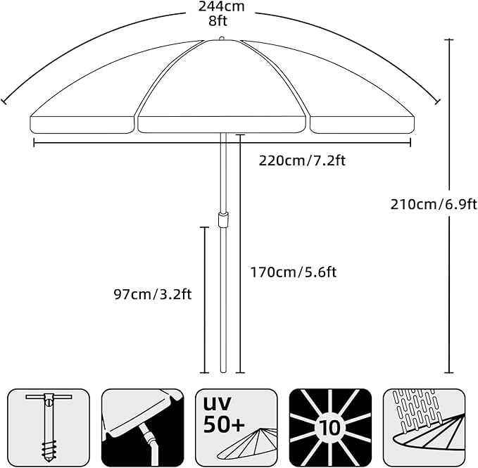 AMMSUN 8 Feet Large Beach Umbrella with Sand Anchor Heavy Duty High Wind Portable Outdoor Umbrellas UV 50+ Protection Air Vent Tilt Patio Garden Pool