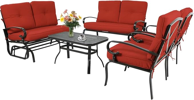 Incbruce 5 Pcs(6 Seats) Outdoor Metal Furniture Sets Wrought Iron Patio Conversation Sets, (Glider, 2 Single Chairs, Loveseat, and Coffee Table) with Cushion (Red)
