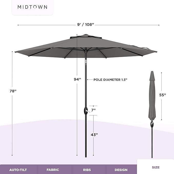 Midtown Umbrellas 10-Year-No-Fade - 9 Ft - UV Proof Charcoal Grey Polyester Fabric - Umbrella Outdoor Patio, Auto-Tilt Aluminum Frame Patio Umbrella for Garden, Pool & Deck - Black Pole