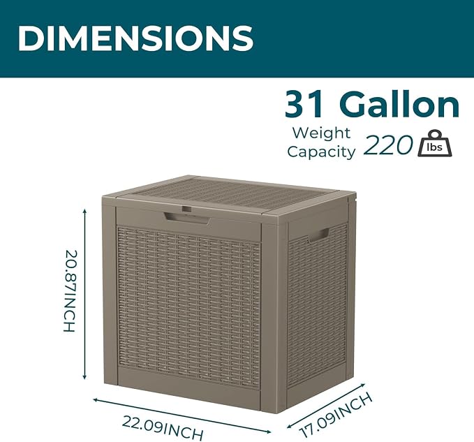 31 Gallon Waterproof Resin Deck Box, UV Resistant Outdoor Storage for Garden, Patio, Porch, Delivery（Grey，31 Gallon）