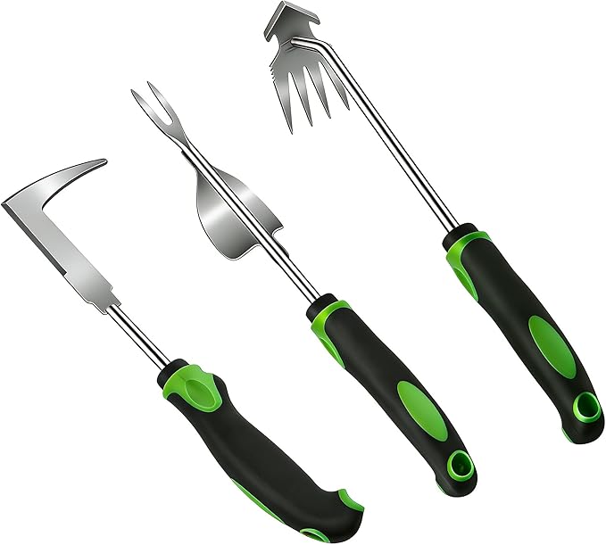 3 Piece Weeding Tool Set, Stainless Steel Hand Weeder Kit with Rubber Handles, Crack Weeder, Weed Puller and Crevice Tool for Lawn, Flower Beds, Sidewalk Cracks, Patio and Between Pavers 02