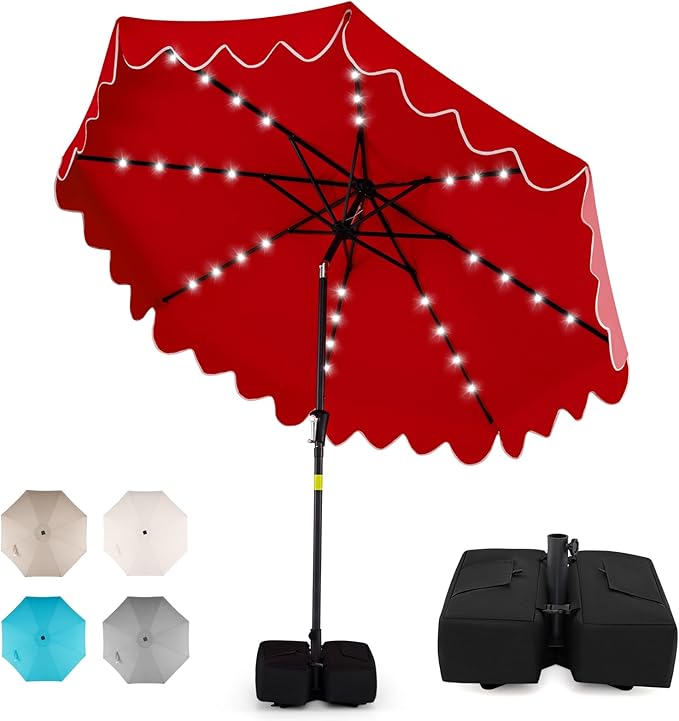 Tangkula 9 FT Solar Patio Umbrella with Base Included, 2-Tiers Outdoor Scalloped Table Umbrella with 32 LED Lights, 2 Sandbags, Tilt Adjustment, Crank, 8 Ribs for Market Backyard Pool Deck Beach Lawn