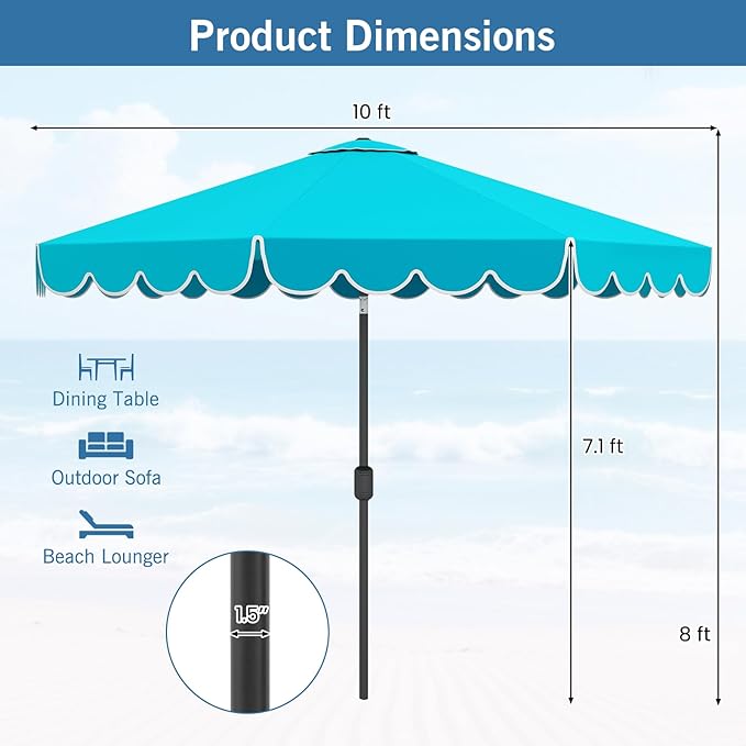 RELAX4LIFE 10 FT Scalloped Patio Umbrella, Market Table Umbrella with Push Button Tilt, Crank, 8 Sturdy Metal Ribs, Vented Top, Sun-Protective Ruffled Canopy, Heavy-duty Outdoor Parasol for Garden Poolside Deck