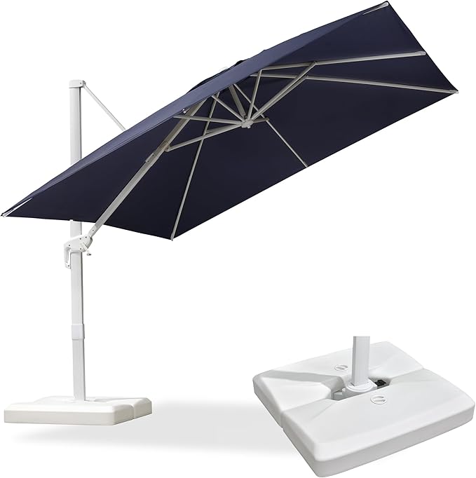 PURPLE LEAF 10 FT Patio Umbrella With Base White Cantilever Umbrella Square Outdoor Offset Windproof with 360° Rotation for Garden Deck Pool, Navy Blue
