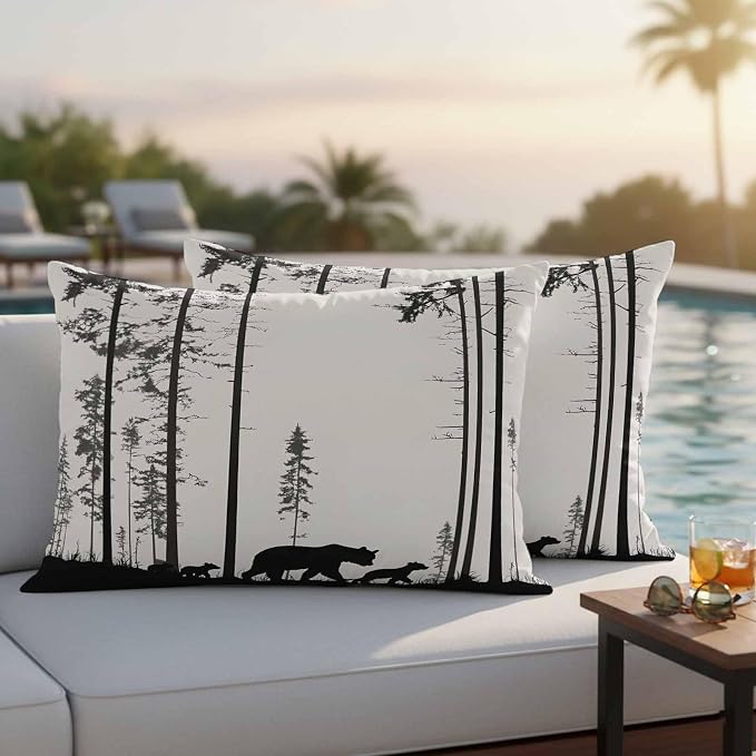 Abstract Outdoor Waterproof Throw Pillow Covers Set of 2, 20"x12", Animal Bear Family Forest Trees Silhouette Decorative Pillow Covers Outside Cushion Case for Patio Porch Garden