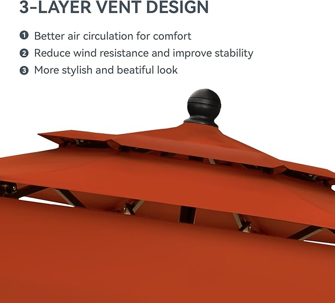 GREEN PARTY 10ft Outdoor Patio Umbrella, [Auto-Tilting] 3 Tiers Market Table Umbrellas with 1.5" Pole, 8 Sturdy Ribs, 3-Year-Non-Fading for Garden Deck Pool Backyard, Orange Red