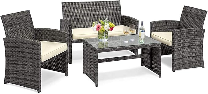 Tangkula 4 PCS Patio Conversation Set Outdoor Poolside Balcony Wicker PE Rattan Sectional Sofa Set Wicker Furniture Set