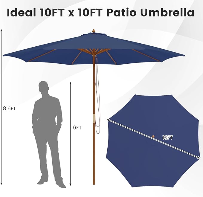 Tangkula 10FT Patio Umbrella, Outdoor Table Market Umbrella w/8 Wooden Ribs, 3 Adjustable Heights, Rope Pulley System, Detachable Pole, Wooden Patio Umbrella for Garden, Poolside, Backyard (Navy)