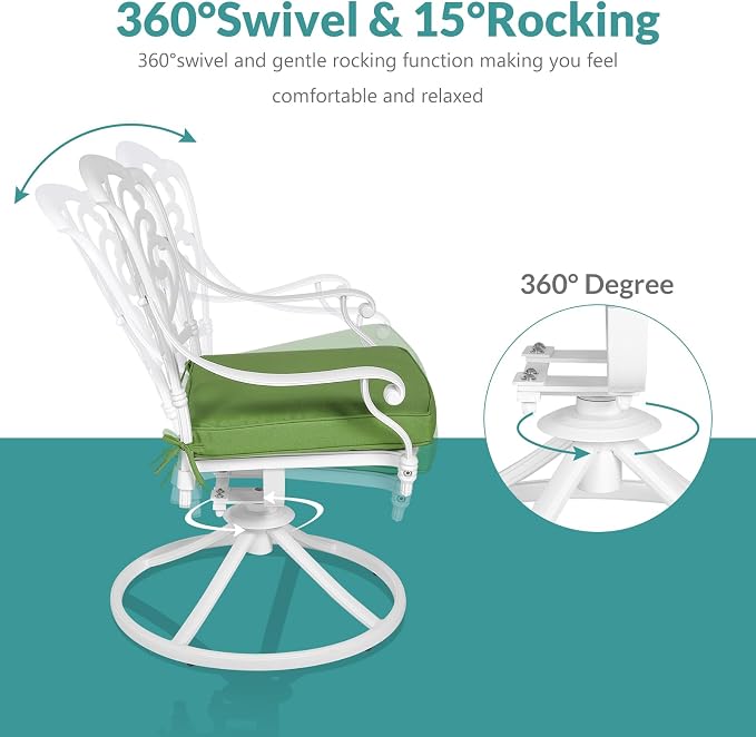 MEETWARM 5-Piece Outdoor Patio Dining Set, All-Weather Cast Aluminum Patio Conversation Set for Backyard Garden Deck with 4 Cushions Swivel Rocker Chairs and 38.5" Round Table, White