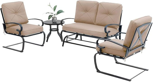4 Pcs Outdoor Wrought Iron Furniture Patio Conversation Set with Glider Loveseat, 2 Spring Chairs, and Coffee Table (Brown)