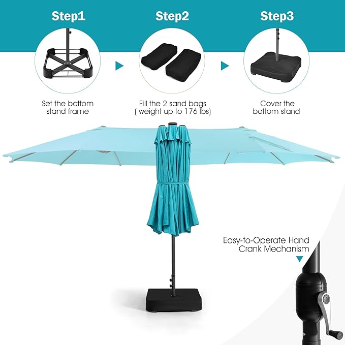 Giantex Large Outdoor Umbrella Double-Sided, 48 Solar Lights, Auto-Charging Solar Panel, Extra Large Patio Umbrella with Base and Crank, Outdoor Market Umbrellas for Poolside Garden