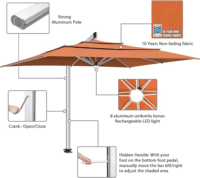 EliteShade USA Atlas 3-Tier 10x13FT Full Aluminum Cantilever Patio Umbrella for Outdoor Restaurant Garden Courtyard Deck Pool and Marketing with Light (No battery), Rust