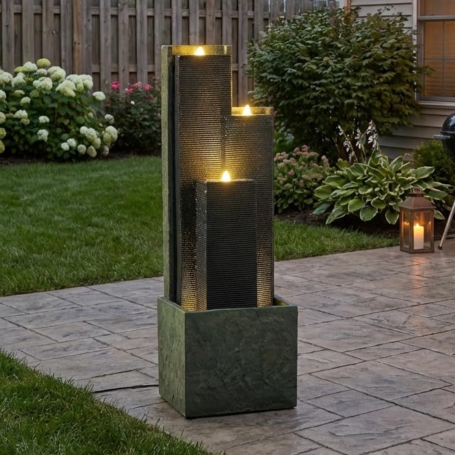 Modern Outdoor Water Fountain with LED Lights 3 Tier Cascading Outdoor Fountains and Waterfalls for Patio Balcony or Garden Decor 23.62 Inch Water Fountain Outdoor Clearance