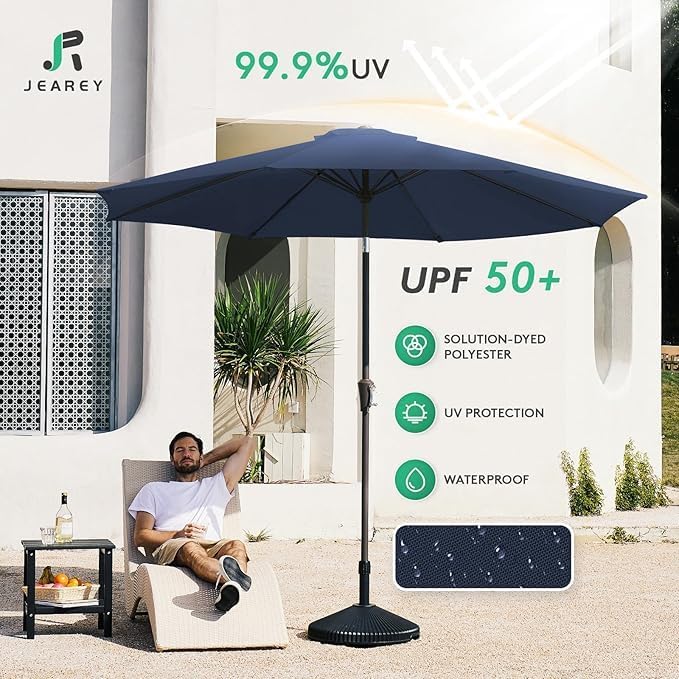 JEAREY Outdoor Patio Umbrella 9FT Outdoor Table Umbrella with Push Button Tilt and Crank, Market Umbrellas 8 Sturdy Ribs UV Protection Waterproof for Garden, Deck, Pool (Purplish Blue)