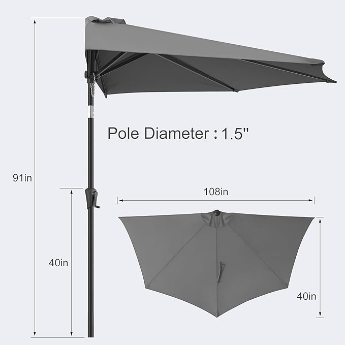 FLAME&SHADE 9ft Half Patio Umbrella - Half Outdoor Umbrella with Tilt UV Protection Waterprool, Half Round Table Umbrella for Wall Balcony, Pool, Porch, Garden, Deck, Market, Backyard (Anthracite)