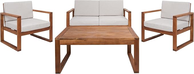 SAFAVIEH Outdoor Collection Emiko Natural/Light Grey Cushion Solid Wood 4-Piece Conversation Patio Set