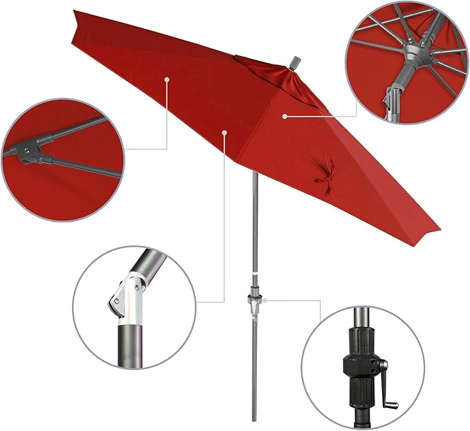 California Umbrella 9' Rd. Crank Lift, Collar Tilt, Aluminum Pole, Fiberglass Rib Patio Umbrella, Hammertone Grey Finish, Sunbrella Jockey Red