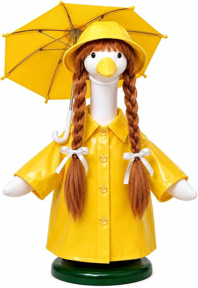 Porch Goose Raincoat Outfit 4 Pieces Summer Porch Goose Outfit with Brown Braided Wig Rain Hat Umbrella Rainy Day Clothes Decor for Lawn Goose Statues