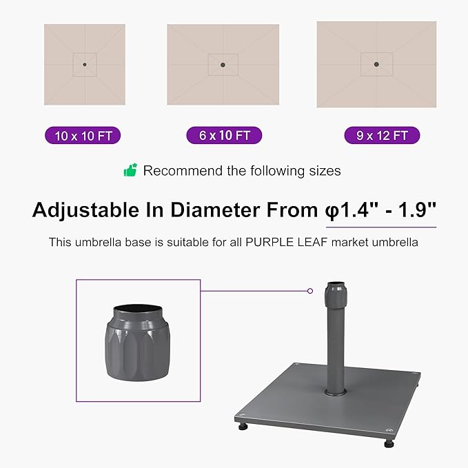 PURPLE LEAF 10 X 10 FT Semi-Auto Outdoor Patio Umbrella with Base Market Table Sun Umbrellas with 8 Aluminum Sturdy Ribs for Backyard Deck Garden Pool (Silver Pole Gray Canopy)
