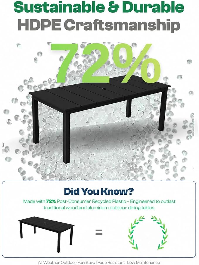 75.2" HDPE Outdoor Dining Table for 4-6 People, Rectangular Patio Dining Table with Umbrella Hole, All Weather Patio Dining Outdoor Table for Deck, Backyard and Garden, Black