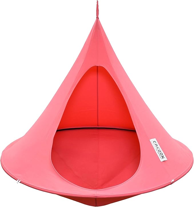 Single Cacoon Hanging Chair – Cozy Indoor/Outdoor Hammock with Polyester Canvas, 440 lb Capacity, Includes 18ft Rope & Carabiner (Coral Rose)