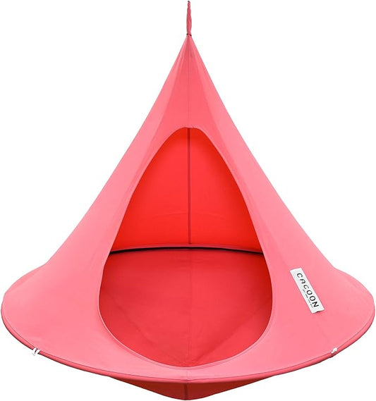 Single Cacoon Hanging Chair – Cozy Indoor/Outdoor Hammock with Polyester Canvas, 440 lb Capacity, Includes 18ft Rope & Carabiner (Coral Rose)