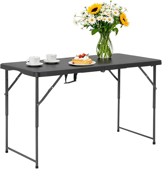 34" Folding Card Table, Heavy Duty HDPE Square Table, Fold-in-Half Portable Design with Carry Handle, Indoor Outdoor Utility Dining Table for Picnic, Camping, 330 lbs (Black, 4FT)