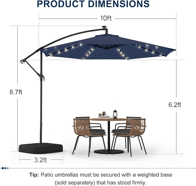 EROMMY 10FT 40-LED Solar Lighted Patio Umbrella with Base Included, Outdoor Offset Cantilever Umbrella, Infinite Tilt, Crank and Cross Base, UV Protection for Backyard, Lawn, Garden & Pool