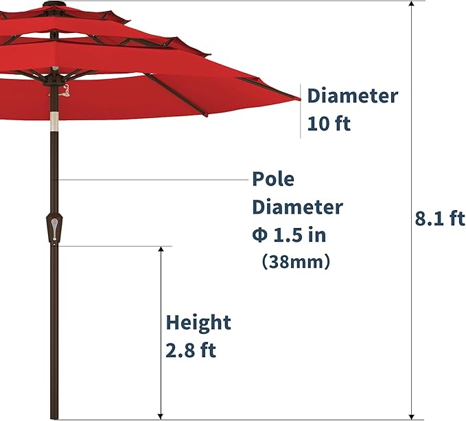 PatioKingdom 9ft 3-Tier Patio Market Umbrella with Crank/Tilt, Commercial Heavy Duty Wind Proof,Outdoor Table Umbrella with 8 Fiberglass Ribs,UPF50+ for Deck,Pool,Garden,Backyard (Red)