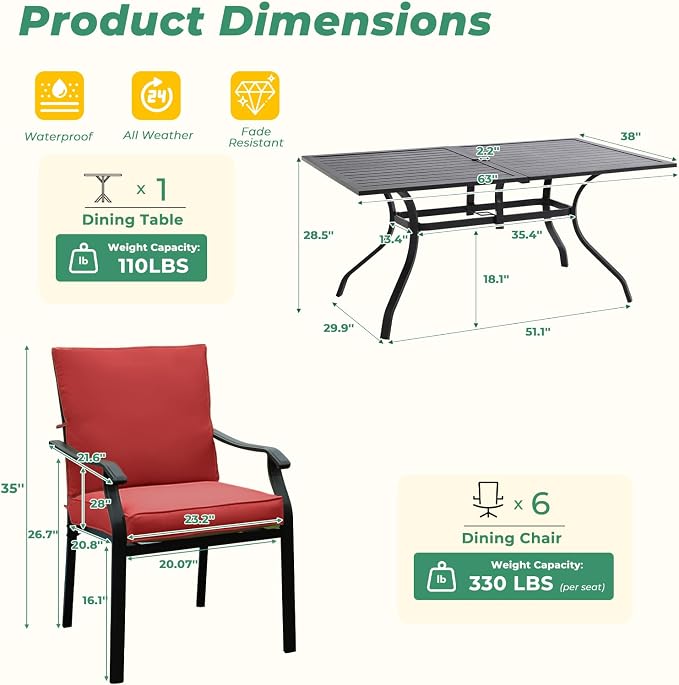 LVUYOYO 7-Piece Outdoor Patio Dining Set, Metal Stackable Chair & Rectangular Table Set, All-Weather Furniture for Backyard, Garden,Balcony,Porch (Red)