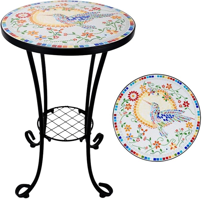 Mosaic Outdoor Side Table Small Round Patio Table Plant Stand | 21" Accent End Table with 14" Ceramic Tile Top for Small Spaces Porch Pool Garden Decor Indoor Living Room Bedroom Balcony