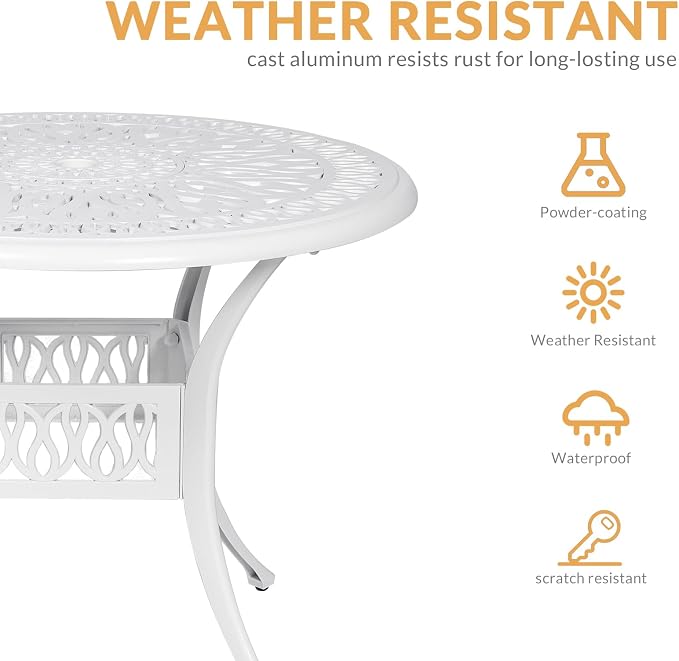 5-Piece Outdoor Patio Dining Set, All-Weather Cast Aluminum Patio Furniture Set with 4 Chairs and 35.4" Round Table for Backyard Garden Deck, 2" Umbrella Hole, White