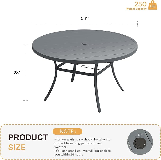 VICLLAX 53" Outdoor Round Patio Table for Lawn Garden, All Weather Metal Round Patio Dining Table with Adjustable Umbrella Hole, Patio Table for 8 Person, Grey