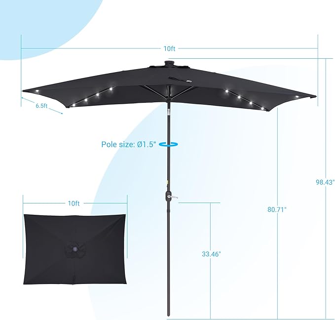 Rectangle Patio Umbrella with Solar Lights, 10 x 6.5ft Rectangular Outdoor Umbrella Table Market Patio Umbrella with Push Button Tilt and Crank for Garden, Deck, Backyard, Pool