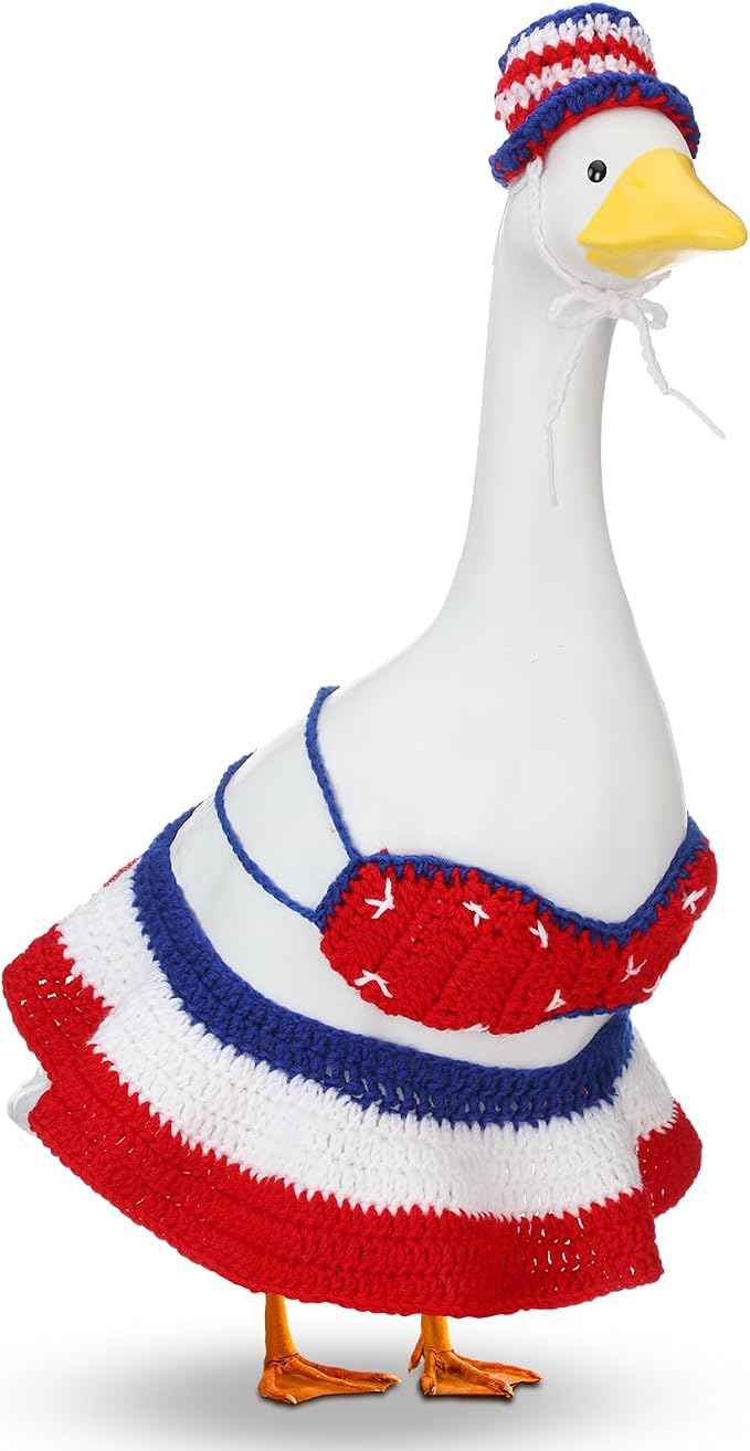 Abbylike 4th of July Bikini Porch Goose Outfit Patriotic Crochet Clothes Red White Blue Geese Summer Costume Fits 23'' Cement Statue for Independence Day Lawn 250th Outdoor Patio Art Decor