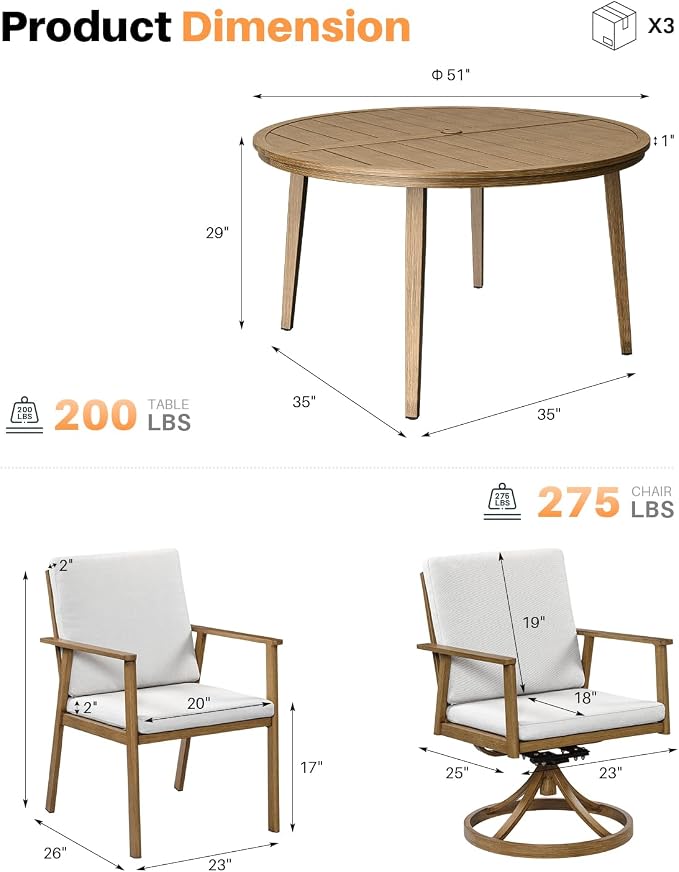 7 Pieces Teak Round Patio Dining Set, Aluminum Outdoor Dining Set Includes Oversize Round Dining Table, 4 Dining Chairs & 2 Swivel Chairs, Outdoor Table and Chairs Set for Yard, Deck, Lawn