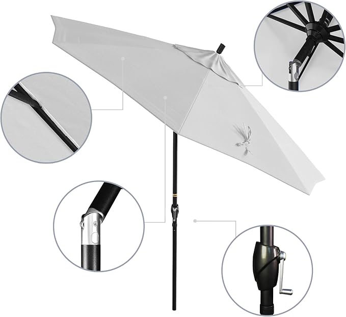 California Umbrella 9' Round Aluminum Market Umbrella, Crank Lift, Push Button Tilt, Black Pole, Pacifica