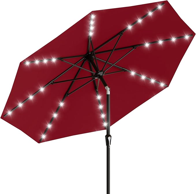 AreShark 9FT Patio Umbrella with Solar Lights, 32 Lighted Pool Umbrella w/Tilt and Crank, Outdoor Market Solar Umbrellas for Garden, Deck, Backyard, Pool and Beach, Dark Red