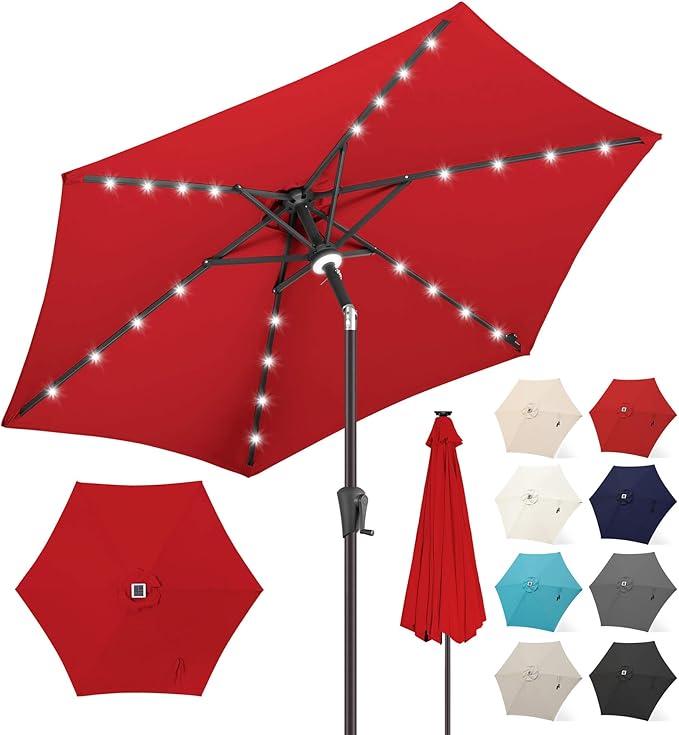 FLAME&SHADE 7.5 FT Solar Light Patio Umbrella, 24 LED Lights Outdoor Umbrella with Centre Surround Light, Table Umbrella Outdoor Patio for Deck, Pool, Backyard, Garden, UV Protection (Red)