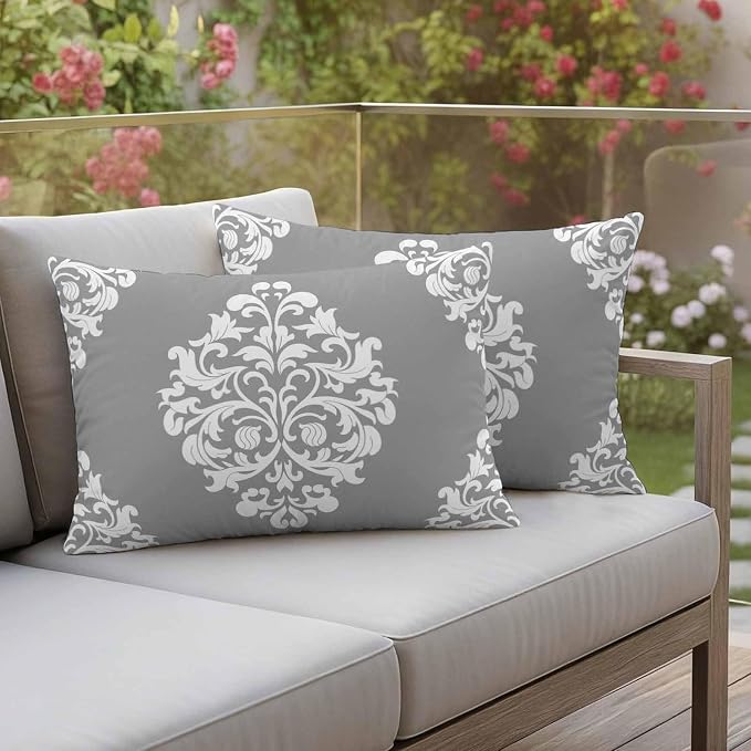 Outdoor Pillow Covers Set of 2, Damask Abstract Flower Grey Decorative Throw Pillow Covers 20X12IN, Classic Luxury Floral Throw Pillows Protector Cushion Case for Patio,Couch,Sofa,Garden