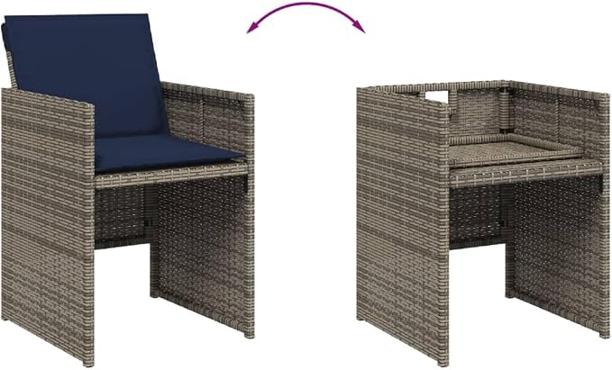 5 Piece Garden Dining Set with Cushions Grey Poly Rattan Outdoor Patio Furniture Space Saving Foldable Chairs Tempered Glass Table for Backyard Deck Al Fresco Dining
