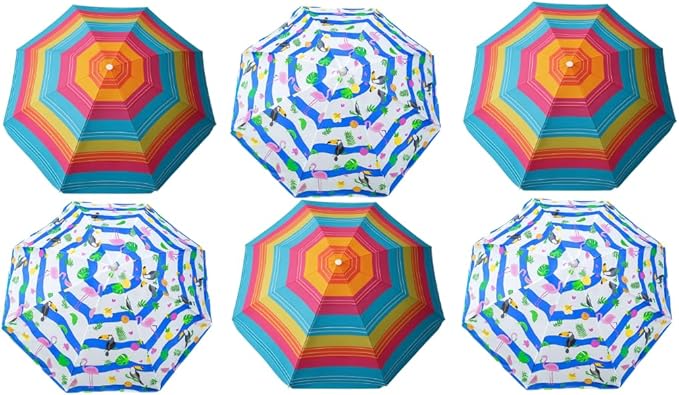 PMU 6 Pcs Set Beach Umbrella 72in Open – Tropical Flamingo Print & Rainbow Stripe, 160G Polyester Large Outdoor Patio Pool Parasol Umbrella for Garden, Deck, Backyard & Pool