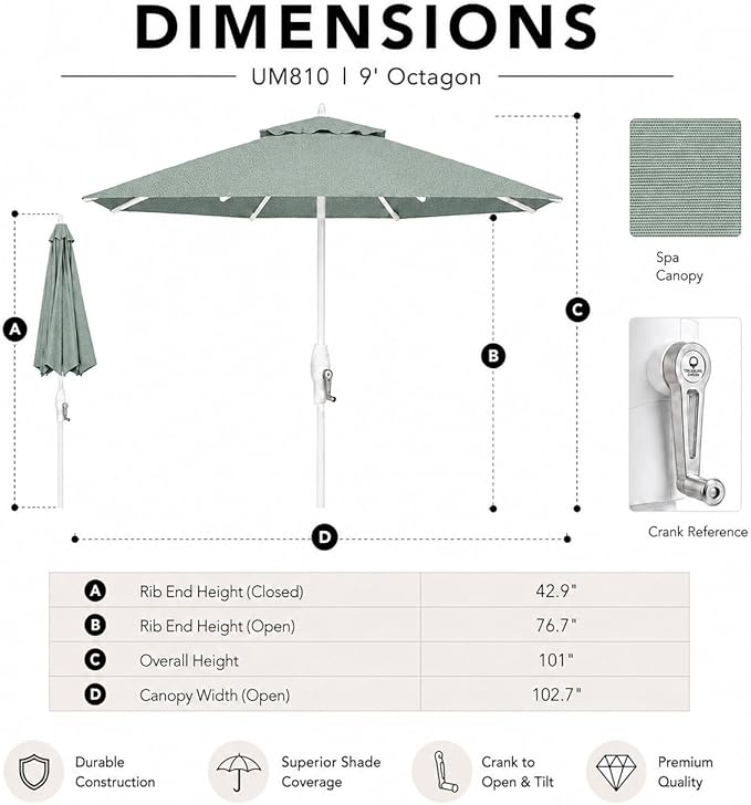 Treasure Garden 9ft Patio Umbrella - Outdoor Furniture Market Umbrella – Deluxe Auto-Tilt – White Aluminum Frame (Sunbrella, Spa)