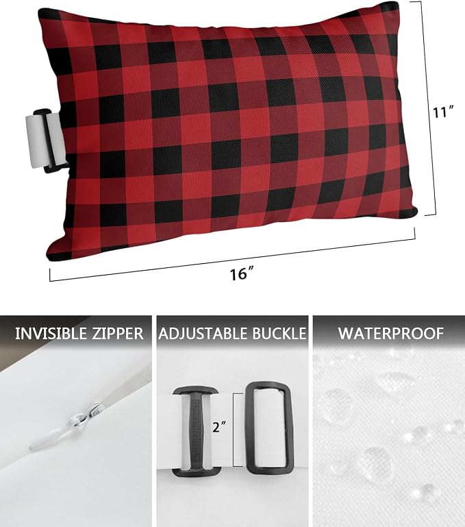 Outdoor Pillows Covers with Inserts Black and White Buffalo Checked Plaid Waterproof Recliner Pillow with Adjustable Strap Throw Pillows for Patio Furniture Pool Lounge Chair, 11x16 inch, 1PCS