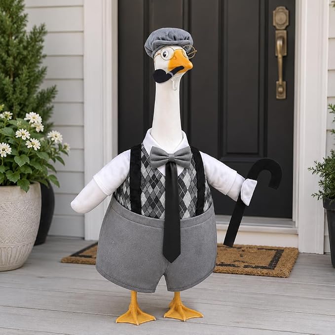 Celltestria Old Man Goose Outfits Grandpa Goose Costume Black Gray Plaid Geese Clothes with Walking Stick Pipe for 23'' Geese Holiday Outdoor Lawn Patio Yard Garden Decor