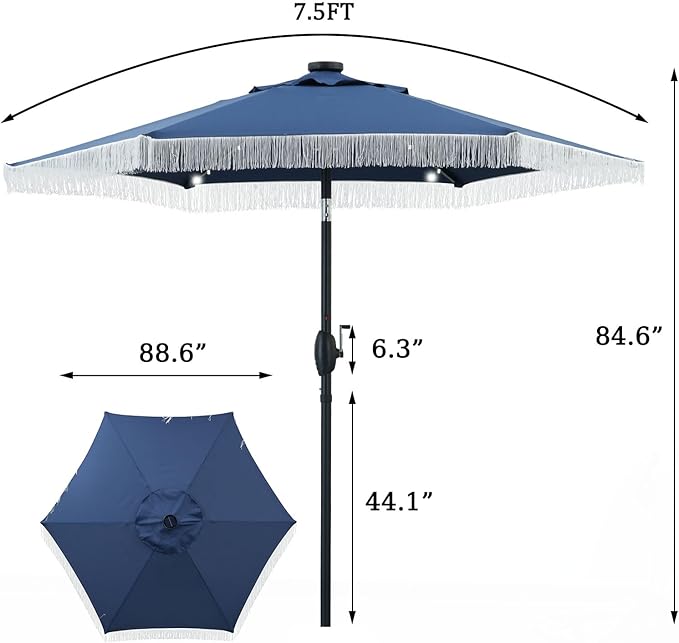 GDY 7.5 ft Fringe Patio Umbrella with 18 LED Solar Lights ，Stylish Fringe Decor for Graden, Pool, Beach, Deck, Navy Blue