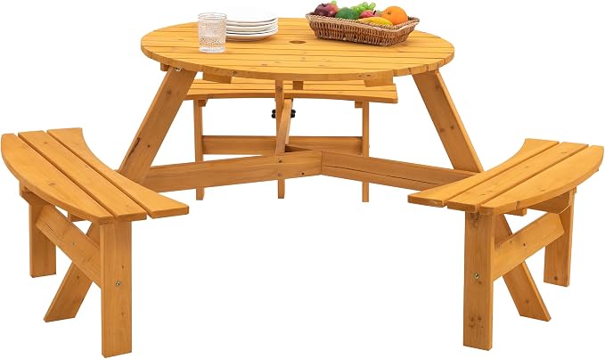 SSLine 6-Person Solid Wood Picnic Table Outdoor Round Picnic Table and Bench Set with Umbrella Hole Outside Wooden Table and Chairs Set for Patio Backyard Garden Lawn (Natural Brown)