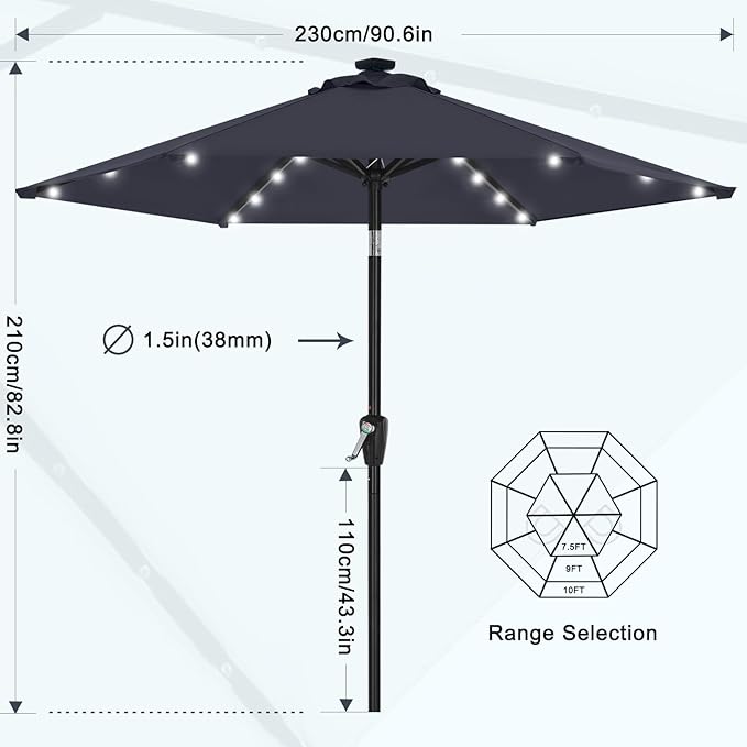 MASTERCANOPY 7.5FT 6Ribs Patio Umbrella with 32 Solar LED Lights, Outdoor Market Umbrella with Tilt & Crank, UV Protection & Fade Resistant Fabric, Easy Set-Up for Garden, Deck, Pool (Navy Blue)