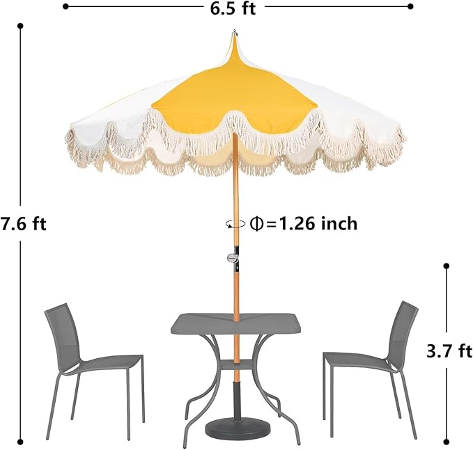 6.5ft Pagoda Beach Umbrella with Fringe, UPF 50+ Boho Umbrellas with Carry Bag, Premium Wood Pole Foldable Tassel Umbrella for Outdoor Garden Lawn Pool Yard Table